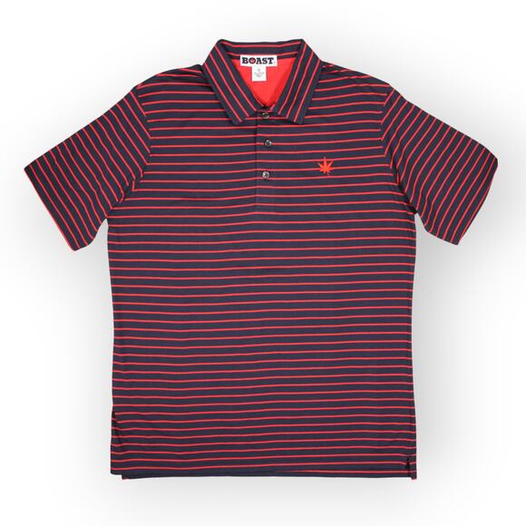 BOAST USA Men Medium Classic Jersey Striped Polo Shirt Navy Red Cotton Leaf Logo - Picture 11 of 14